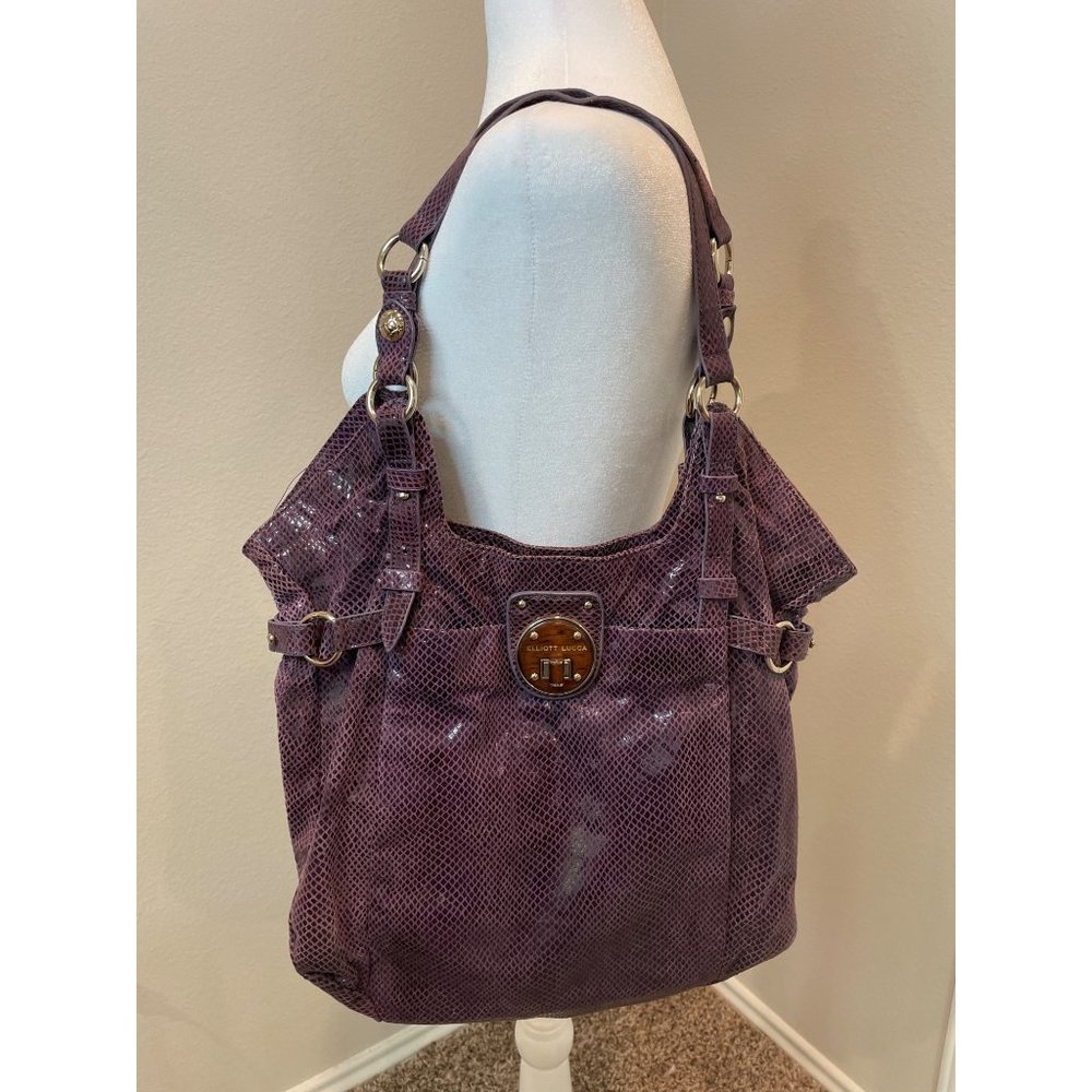 Elliott Lucca Purple Leather Snakeskin Print Hobo
